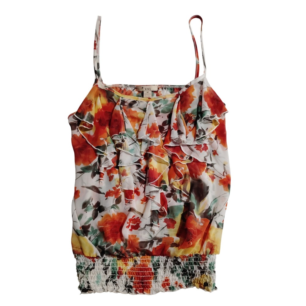 XXI Forever 21 Floral Ruffle Camisole Top Smocked Hem Orange Yellow White Medium